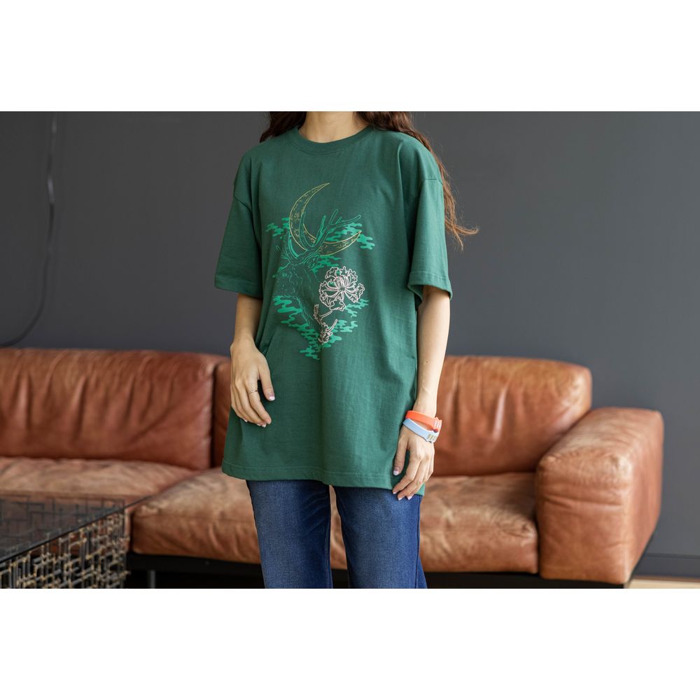 ビームス プロデュース「シカとツキとサルスベリ Tシャツ」緑ver.